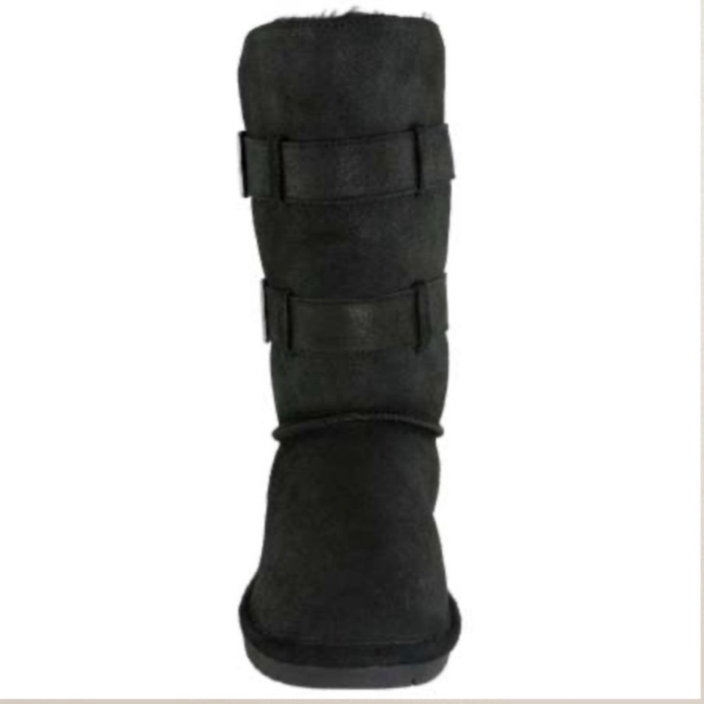 BearPaw Black Sheepskin Suede Leather Lace-Up Mid-Length Tall Shearling Boots - Picture 4 of 13
